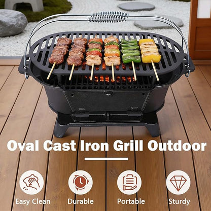 Oval Cast Iron Grill Outdoor, Portable Small Charcoal Grill with Tabletop Cast Iron Skillet, Compact Camping Charcoal Cooker, for Tailgating, Picnics & Hunting (19.6 * 10.6 * 8.2)