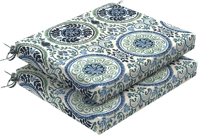 DYTXIII Set of 2 Outdoor Chair Cushions, Water Resistant 18.5"x16"x2" Square Seat Cushion for Patio Dining Chairs, High-Density Replacement Pads for Indoor Outdoor Furniture - Wreath Blue