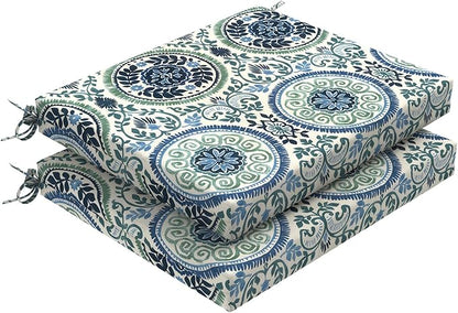 DYTXIII Set of 2 Outdoor Chair Cushions, Water Resistant 18.5"x16"x2" Square Seat Cushion for Patio Dining Chairs, High-Density Replacement Pads for Indoor Outdoor Furniture - Wreath Blue