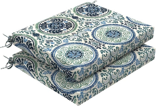 DYTXIII Set of 2 Outdoor Chair Cushions, Water Resistant 18.5"x16"x2" Square Seat Cushion for Patio Dining Chairs, High-Density Replacement Pads for Indoor Outdoor Furniture - Wreath Blue