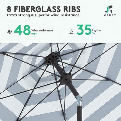 JEAREY 9FT Outdoor Patio Umbrella, Market Table Umbrella with 8 Fiberglass Ribs, Pool Umbrella with Tilt and Crank, UV Protection Lightweight & Wind-Resistant for Lawn, Garden, Deck and Backyard, Black-White Stripe
