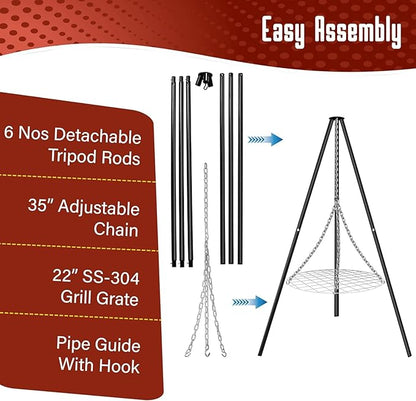 FEBTECH - 55" Steel Tripod Grilling Set - Camping Accessories For BBQ Grill Cooking - Camping Charcoal Grills Grate - Campfire Grill Grate Over Fire Pit with Tripod Stand