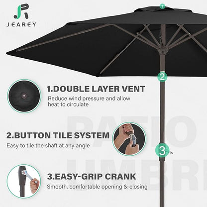 JEAREY 7.5FT Patio Umbrella Market Table Umbrella with 6 Sturdy Ribs, Push Button Tilt/Crank Outdoor Umbrella for Garden, Deck, Backyard,Dark Black