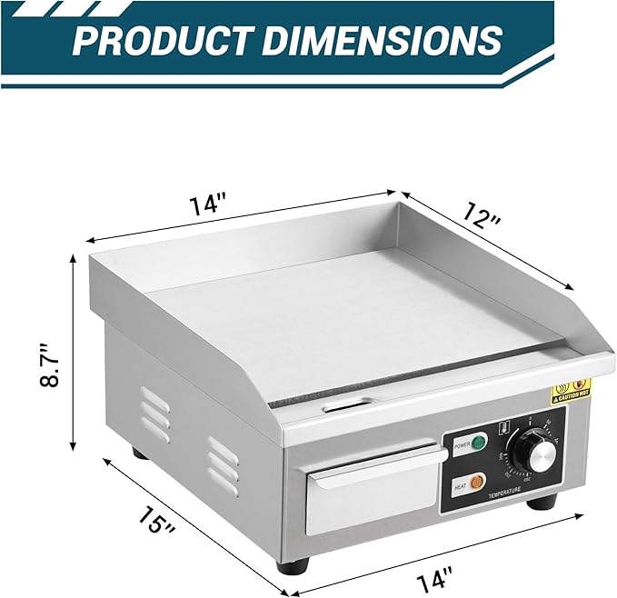 Garvee 14 in Commercial Electric Griddle,1600w Electric Restaurant Teppanyaki Flat Top Grill with Shovels & Brushes, Non-Stick Countertop Griddle, Adjustable Temperature Control