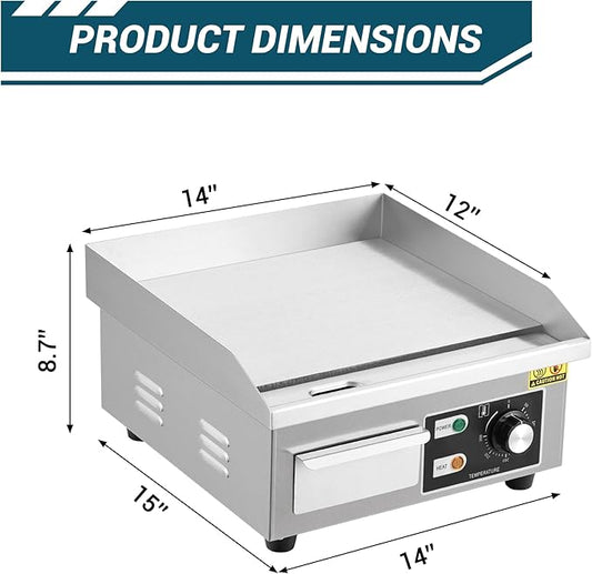Garvee 14 in Commercial Electric Griddle,1600w Electric Restaurant Teppanyaki Flat Top Grill with Shovels & Brushes, Non-Stick Countertop Griddle, Adjustable Temperature Control