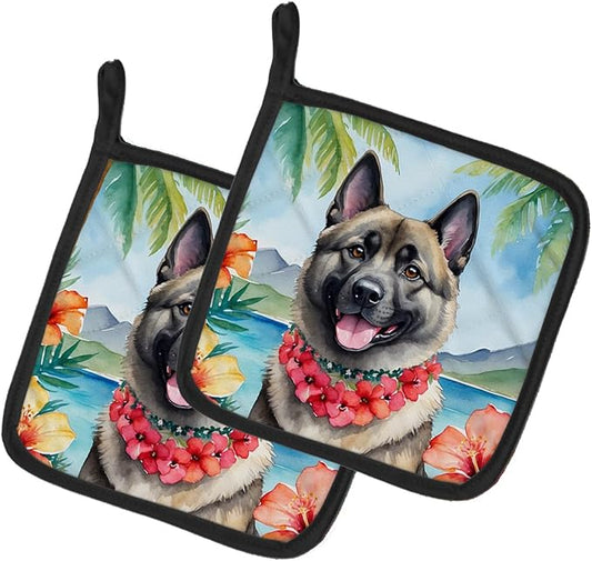 Caroline's Treasures Norwegian Elkhound Luau Pair of Pot Holders Kitchen Heat Resistant Pot Holders Sets Oven Hot Pads for Cooking Baking BBQ, 7 1/2 x 7 1/2