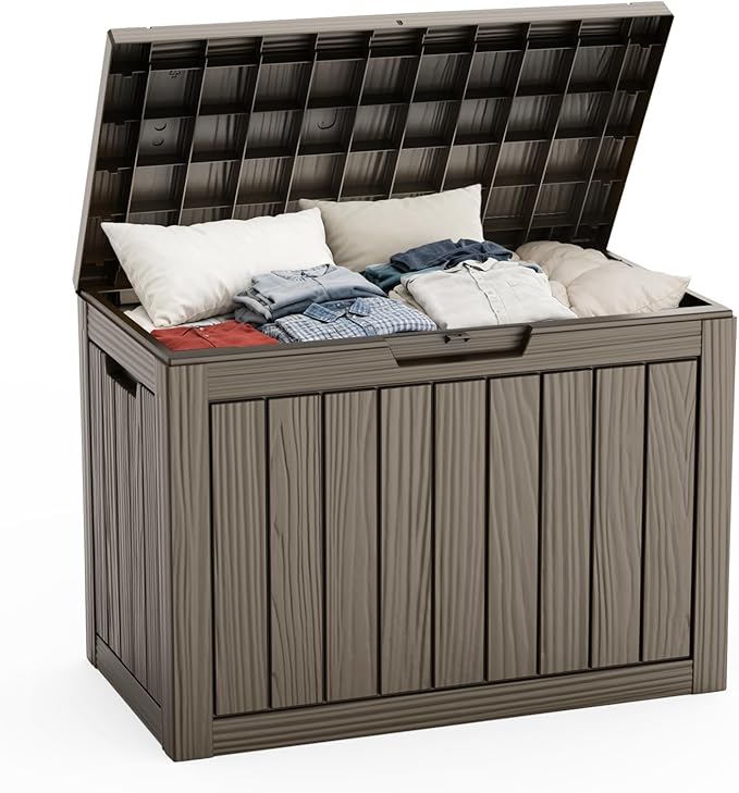 Pepe Tee Waterproof Resin Deck Box, Outdoor Storage Bin for Patio Furniture Cushions, All-Weather Garden Organizer & Seating Bench, Coffee