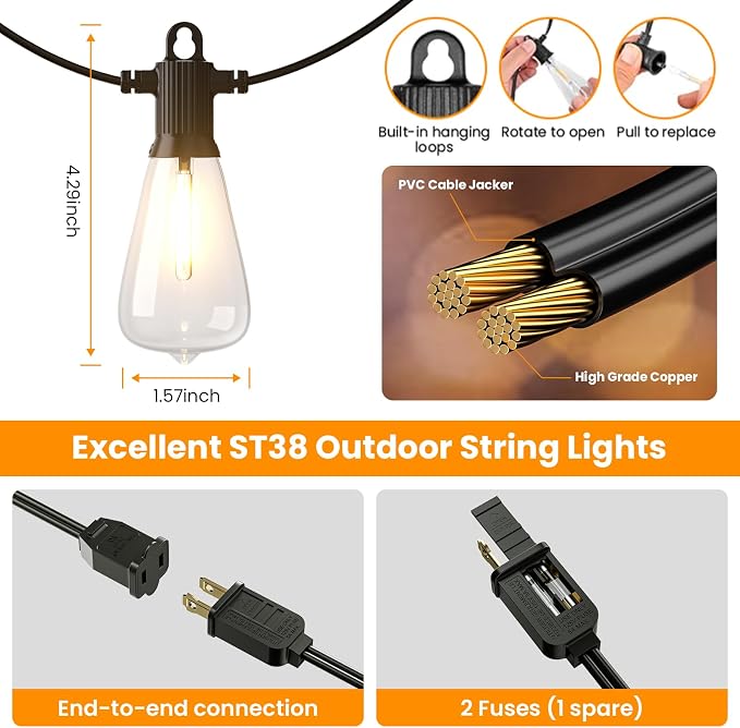 ZOTOYI Outdoor String Lights，50FT Patio Lights with 27 Vintage Edison Bulbs (2 Spare)，ST38 Waterproof Outside Hanging Light for Backyard, Bistro, Cafe, Gazebo, Porch Decor, Dimmable 2700K