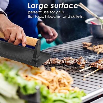 HaSteeL Bacon Hamburger Press for Griddle Flat Top Teppanyaki, Pre Seasoned 8 x 4In Cast Iron Grill Weight with Wooden Handle, Perfect for BBQ Steaks Pannis Sandwiches Meats - 1Pk