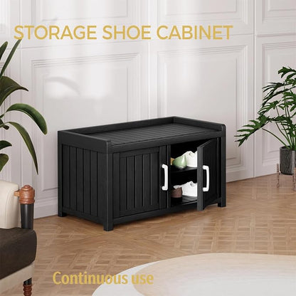 2-Tier Storage Bench, 2 Doors Waterproof Resin Shoe Bench with Adjustable Shelves - Entryway Bench with Seating, Indoor & Outdoor Use for Bedroom, Hallway, Living Room, Black