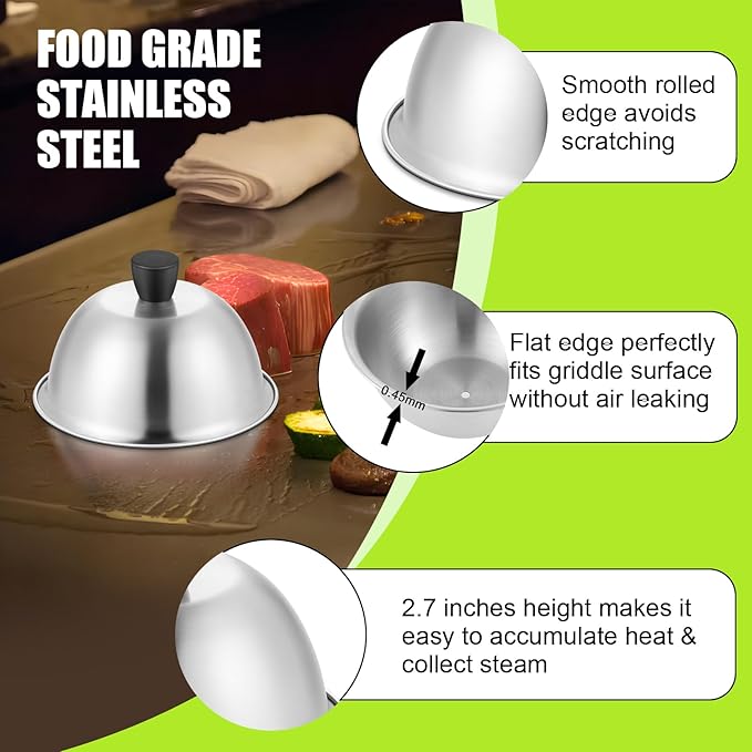 HaSteeL 6 Inch Basting Cover, Stainless Steel Melting Dome Set of 2, Small Metal Steaming Cover Grill Lid for Cheese Burger, Ideal for Indoor & Outdoor Flat Top Griddle Teppanyaki, Dishwasher Safe