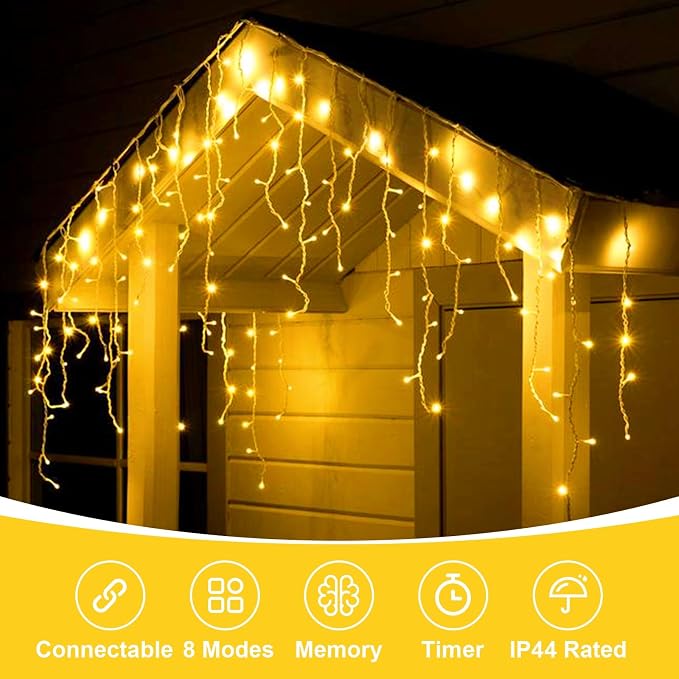 QITONG Warm White Icicle Lights for Outside, 66ft 800 LED String Lights Indoor with 8 Modes, Clear Wire Connectable Icicle Christmas Light Plug in