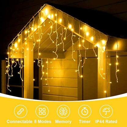 QITONG Warm White Icicle Lights for Outside, 66ft 800 LED String Lights Indoor with 8 Modes, Clear Wire Connectable Icicle Christmas Light Plug in