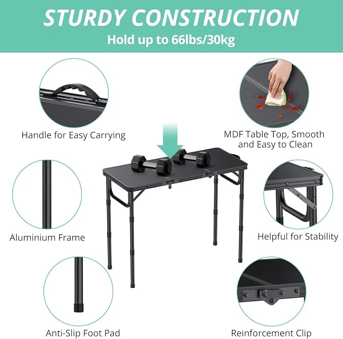 VINTEAM Tri-Folding Camping Table with 3 Adjustable Heights, Lightweight Portable Outdoor Picnic BBQ Table, Black Aluminum Folding Grill Table for Camping, RV, Beach, Fishing & Backyard