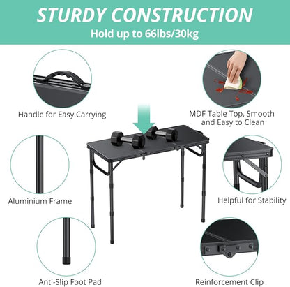 VINTEAM Tri-Folding Camping Table with 3 Adjustable Heights, Lightweight Portable Outdoor Picnic BBQ Table, Black Aluminum Folding Grill Table for Camping, RV, Beach, Fishing & Backyard