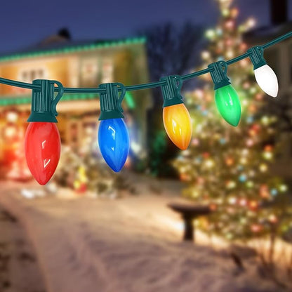 C7 LED Christmas Lights - 25FT Outdoor Multicolor String Lights, Vintage Hanging Decor for Roofline, Xmas Tree, Patio, Holiday Party, Wedding, Green Wire