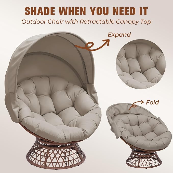 GTPLAYER Outdoor Wicker Egg Chair PE Rattan Chair with Cushion, Oversized Patio Lounge Chair with Canopy Papasan Chair 360° Swivel Base for Outdoor, Indoor, Balcony, Backyard, Garden, Brown