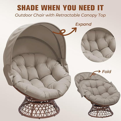GTPLAYER Outdoor Wicker Egg Chair PE Rattan Chair with Cushion, Oversized Patio Lounge Chair with Canopy Papasan Chair 360° Swivel Base for Outdoor, Indoor, Balcony, Backyard, Garden, Brown