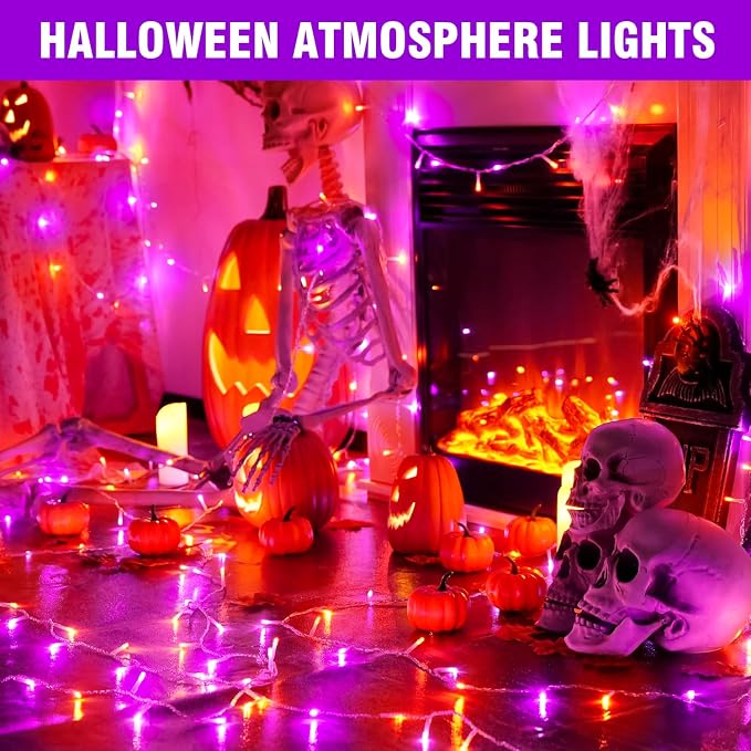 100FT Purple and Orange Halloween String Lights | Clear Wire LED Mini Lights, 8 Modes, Timer, Plug-in Indoor Outdoor Decor for Tree, Porch, Fence, Yard and Fall