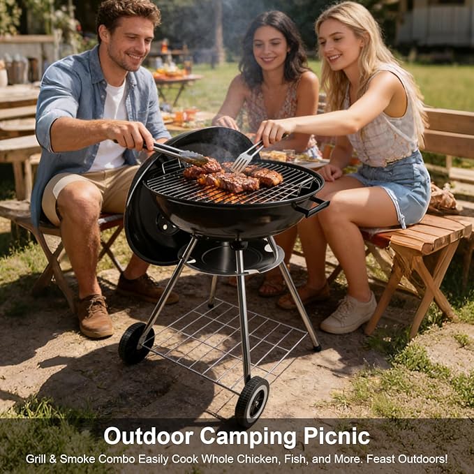 Portable charcoal grill -22 inch water kettle grill with handle, including lid and grill mesh, paired with barbecue tools, suitable for backyard, camping, picnicking, and gatherings (large)