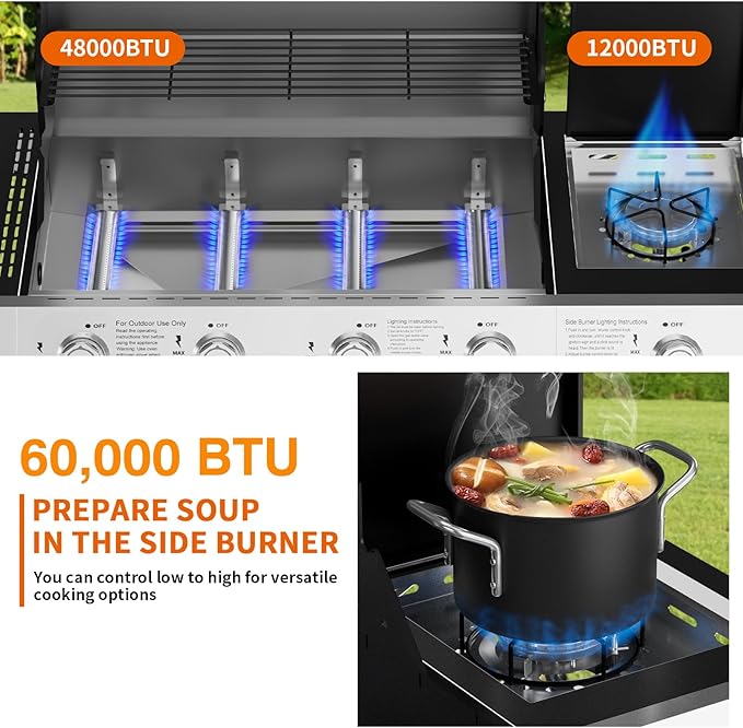 SKOK Led 4-Burner Gas BBQ Grill with Side Burner Led Knob, Barbecue Grill with Porcelain-Enameled Cast Iron Grates, 60,000 BTU Stainless Steel Propane Grill 629 Sq. In. Grilling Area
