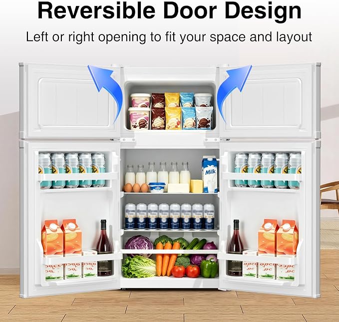 Kismile 2.5 Cu.Ft Mini Fridge with Freezer, Double Door Fridge, White | Reversible Door Compact Refrigerator with Mechanical Thermostat & Removable Shelves, Quiet for Bedroom Office
