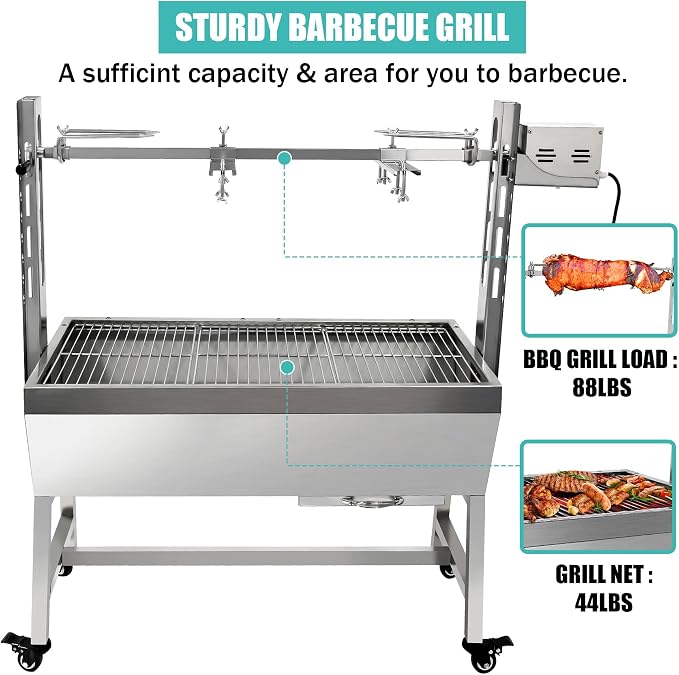 37" Electric Rotisserie Grill, Pig Lamb Spit Roaster Stand Rotisserie 132 Lbs Capacity With Adjustable Height, BBQ Charcoal Rotisserie Grill Kit Stainless Steel For Outdoor Party Camping