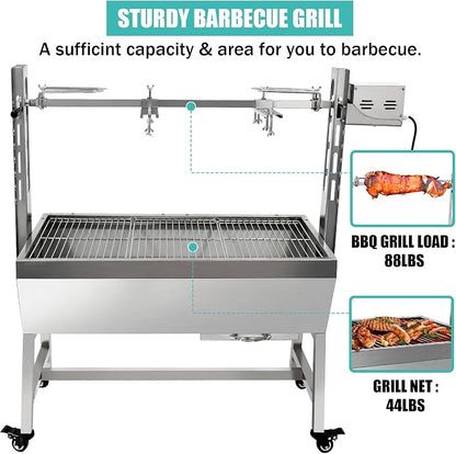 37" Electric Rotisserie Grill, Pig Lamb Spit Roaster Stand Rotisserie 132 Lbs Capacity With Adjustable Height, BBQ Charcoal Rotisserie Grill Kit Stainless Steel For Outdoor Party Camping