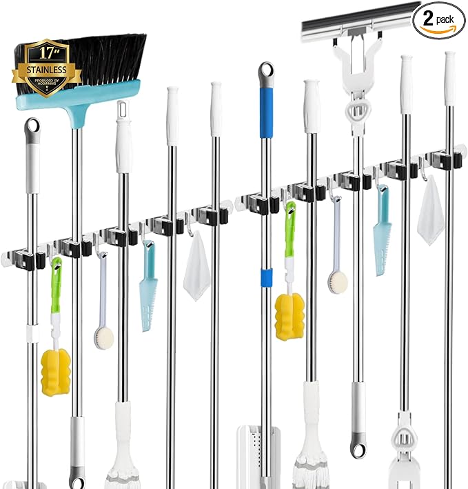 2 Pack Broom Holder Wall Mount, 5 Racks 4 Hooks Mop and Broom Organizer | Mop Holder Wall Mount and Broom Hanger for Garage, Laundry Room, Kitchen and Utility Storage