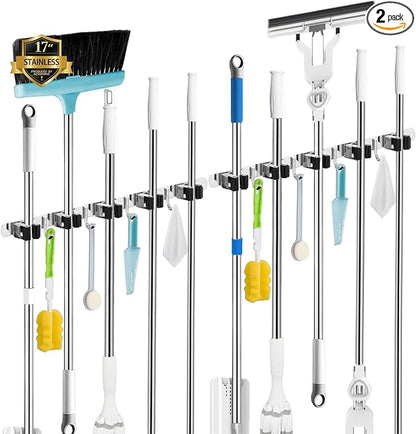 2 Pack Broom Holder Wall Mount, 5 Racks 4 Hooks Mop and Broom Organizer | Mop Holder Wall Mount and Broom Hanger for Garage, Laundry Room, Kitchen and Utility Storage