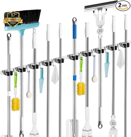 2 Pack Broom Holder Wall Mount, 5 Racks 4 Hooks Mop and Broom Organizer | Mop Holder Wall Mount and Broom Hanger for Garage, Laundry Room, Kitchen and Utility Storage