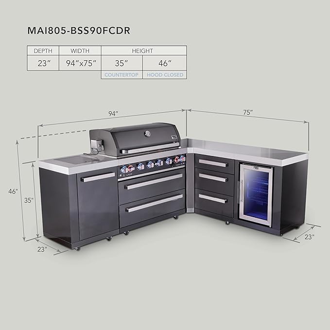 Mont Alpi 94"W x 75"D L-shaped Black Stainless Steel Modular Outdoor Kitchen Island with Refrigerator + Side Burner + 44"W 6-Burner BBQ Gas Grill + Granite Countertops + Storage Cabinets & Drawers