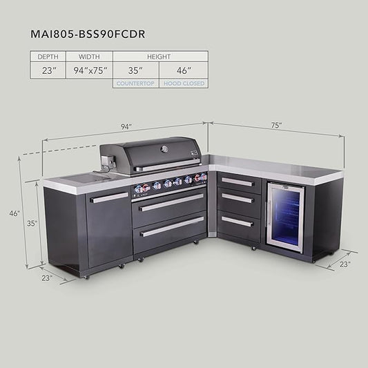 Mont Alpi 94"W x 75"D L-shaped Black Stainless Steel Modular Outdoor Kitchen Island with Refrigerator + Side Burner + 44"W 6-Burner BBQ Gas Grill + Granite Countertops + Storage Cabinets & Drawers