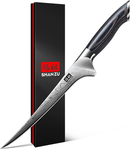 SHAN ZU Fillet Knife 7 Inch, Powder Steel Boning Knife High Carbon Japanese Filleting Knives, Ultra Sharp Deboning Knives for Meat Cutting with Ergonomic Pakkawood Handle