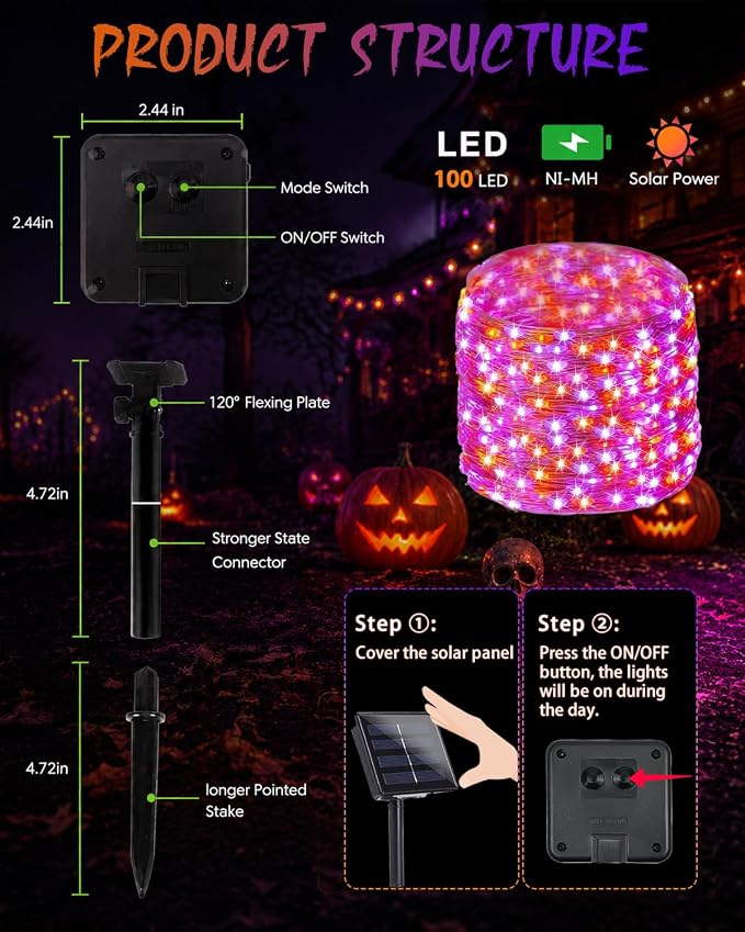 Solar Halloween String Lights Outdoor, 2 Pack 80 FT 200 LED Fairy Lights | Purple and Orange, 8 Modes, Auto On/Off, Waterproof Copper Wire Twinkle Lights for Garden Tree Patio Halloween Decorations