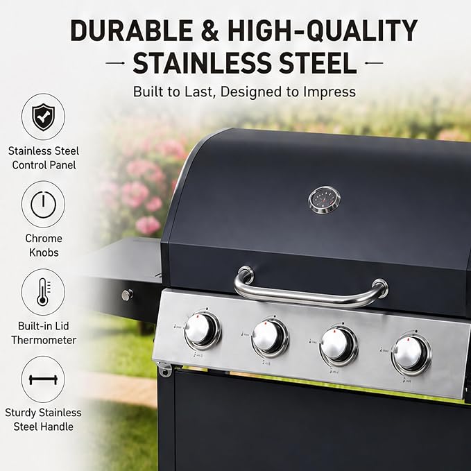 44.8 Inch Outdoor Kitchen Island, 4 Burner 34,000 BTU Stainless Steel Propane Gas Grill Bar with Two Shelves, Lid, Wheels and Bottle Opener