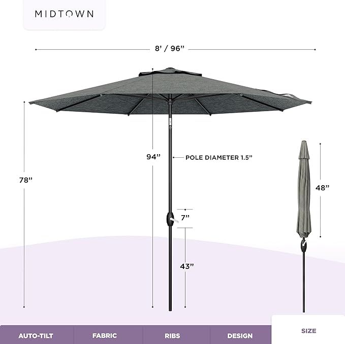Midtown Umbrellas 10-Year-No-Fade - 8 Ft - UV Proof Greige Polyester Fabric - Umbrella Outdoor Patio, Auto-Tilt Aluminum Frame Patio Umbrella for Garden, Pool & Deck - Black Pole