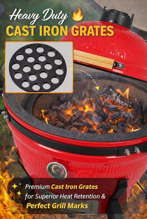 13-in W Kamado Grill with Built-in Thermometer, Oval Grill with Cast Iron Grates, Bamboo handle, Portable Ceramic Grills with Low Stand for Backyard, Patio, Deck grilling, Red