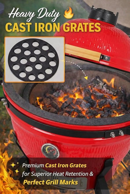 13-in W Kamado Grill with Built-in Thermometer, Oval Grill with Cast Iron Grates, Bamboo handle, Portable Ceramic Grills with Low Stand for Backyard, Patio, Deck grilling, Red