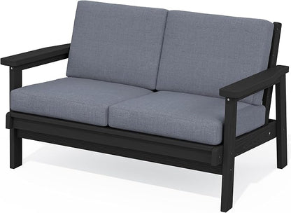 SERWALL HDPE Outdoor Patio Loveseat, All Weather Wood-Like Outdoor Sofa HDPE Outdoor Furniture, Black Frame and Grey Cushion