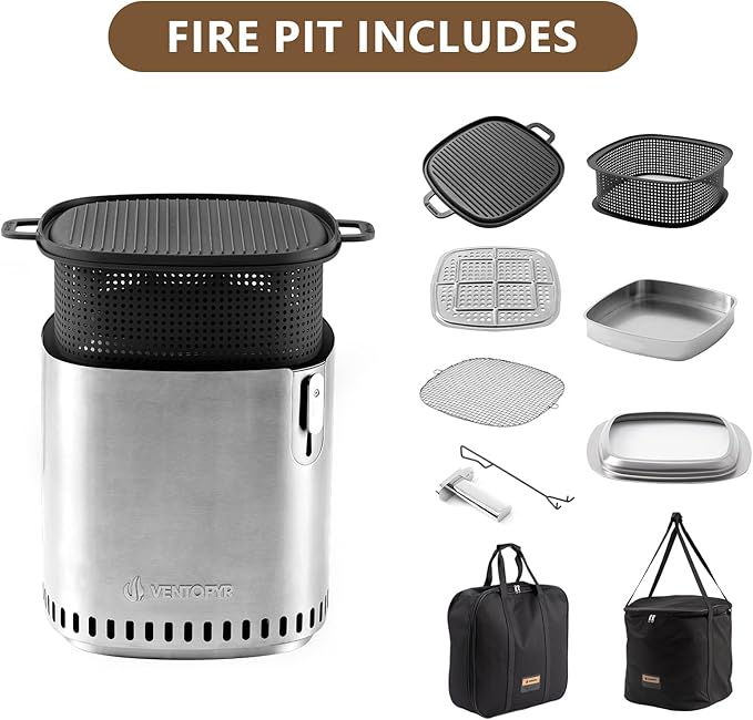 Smokeless Fire Pit, Stainless Steel Stove with Adjustable Firepower, Removable Ash Pan, Portable Camping Fire Table Wood Burning with Grill Grid and Grate for BBQ, Travel
