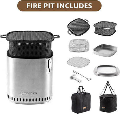 Smokeless Fire Pit, Stainless Steel Stove with Adjustable Firepower, Removable Ash Pan, Portable Camping Fire Table Wood Burning with Grill Grid and Grate for BBQ, Travel