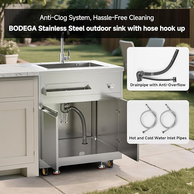 BODEGA Stainless Steel Kitchen Sink with Hose Hook Up, Outdoor Kitchen cabinets with Ample Storage Space, All-Weather Single Bowl Commercial Sink Cabinet Bottle Opener & Spice Rac,Brake Wheels.