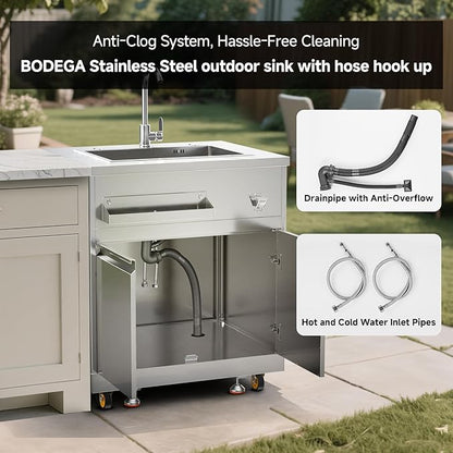 BODEGA Stainless Steel Kitchen Sink with Hose Hook Up, Outdoor Kitchen cabinets with Ample Storage Space, All-Weather Single Bowl Commercial Sink Cabinet Bottle Opener & Spice Rac,Brake Wheels.