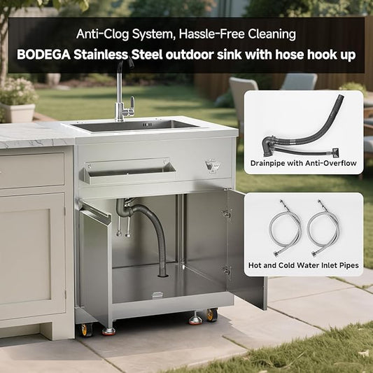 BODEGA Stainless Steel Kitchen Sink with Hose Hook Up, Outdoor Kitchen cabinets with Ample Storage Space, All-Weather Single Bowl Commercial Sink Cabinet Bottle Opener & Spice Rac,Brake Wheels.