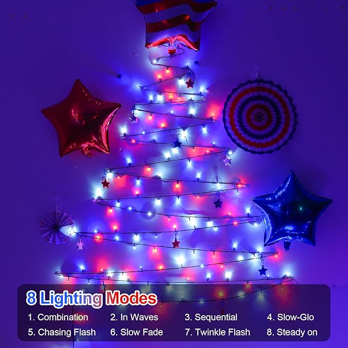 QITONG 4th of July String Lights Outdoor Waterproof, 66ft 200 LED Red White and Blue Patriotic Lights with Plug in, Green Wire Twinkle Tree Lights with 8 Modes