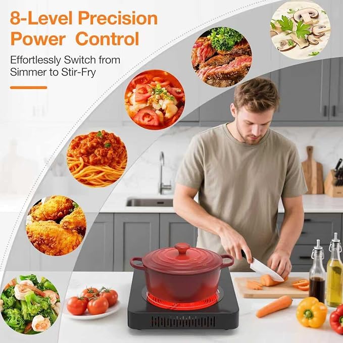 Electric Cooktop, 1800W Portable Electric Stove with LED Touch Control, Single Burner Infrared Hot Plate with Child Safety Lock, 99 Timer and Overheat Protection for Dorm Home RV Camping