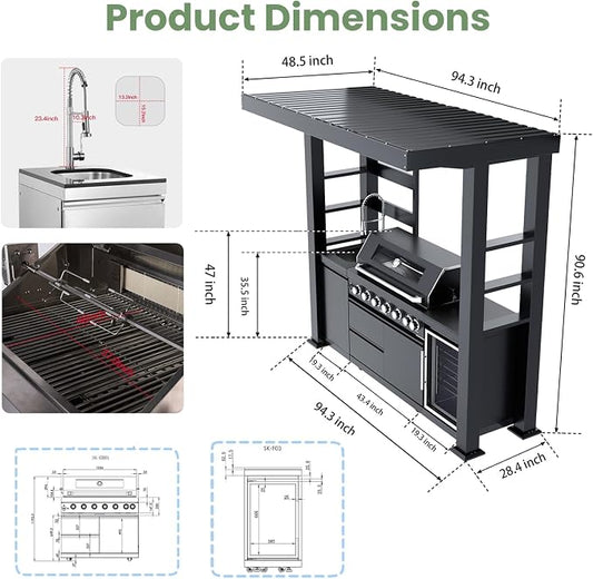 94" Stainless Steel Outdoor Kitchen Island with 6-Burner 85000 BTU,Heavy-Duty Natural Gas Grill with Rotisserie Oven,Galvanized Steel Roof,Granite Countertops,Refrigerator,Sink.(Natural Gas)