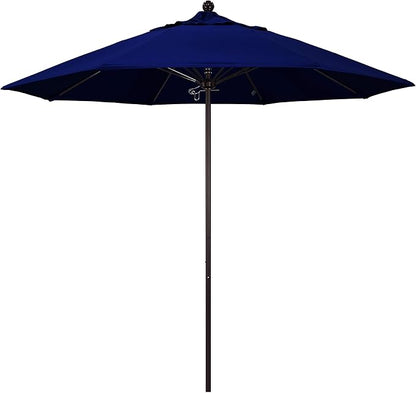 California Umbrella 9' Rd. Venture Series Contract Grade Patio Umbrella, Push Open Pin Stop, Bronze Finish, Sunbrella True Blue