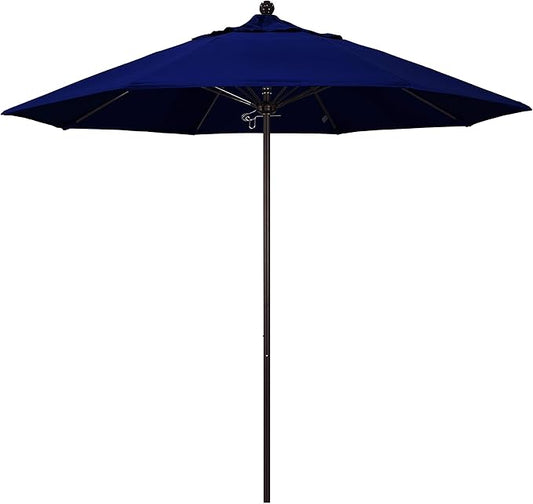 California Umbrella 9' Rd. Venture Series Contract Grade Patio Umbrella, Push Open Pin Stop, Bronze Finish, Sunbrella True Blue
